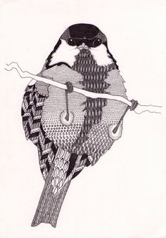 a black and white drawing of a bird on a branch with its beak open, wearing goggles