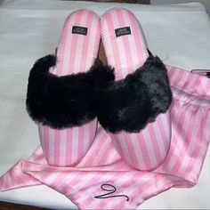 I Purchased These Shoes With The Intentions Of Getting The Satin Pajamas To Match Them But Never Did. They Are Brand New And Have Not Been Worn. Also, My Husband Doesn’t Think That I’ll Be Able To Sell My Personal Stuff On Poshmark So Please Help Me Prove Him Wrong! Brand: Victoria’s Secret Size: Medium Color: Pink/White/Black Material: 100% Polyester Is What Tag Says Victoria Secret Shoes, Large Cosmetic Bag, Pink Girly Things, Please Help Me, Satin Pajamas, Pink Backpack, Black Faux Fur, Pink Stripes, Black Sequins