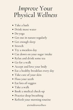 Discover simple yet effective ways to boost your physical wellness. From yoga and nature walks to healthy eating habits and self-care routines, these tips will help you love and take care of your body better. physical wellness, healthy habits, personal development, growth mindset, highest self, success, self-control, self improvement, self love, intellectual wellness, mental wellness, personal growt...#HealthyLifestyle #The #Body #Wellness #Pursuit #Spirit #of #Mind #Nurturing #and #Wellness How To Improve Physical Health, Getting Healthier, Wellness Program Ideas, Intellectual Wellness, Healthy Habits For Women, Wellness Hacks, Healthy Habits Motivation, Wellness Ideas, Self Esteem Activities