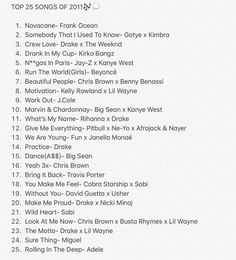 the top 25 songs of 2012 by various artists and their names on a white background