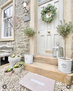 some plants are sitting on the steps in front of a door and potted trees