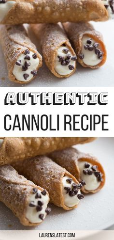 an image of some crepes with cream and chocolate chips on them that say authentic cannoli recipe