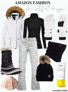 Black & White Amazon Ski Outfit Black And White Ski Outfit, White Snowboard Outfit, Ski Women Outfits, All Black Ski Outfit, Ski Style Women, Snowboard Outfits For Women, White Ski Outfit, Black Ski Outfit, Women Ski Outfit