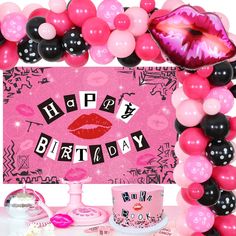 a pink and black birthday party with balloons