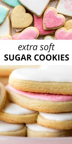 some cookies that are sitting on top of each other with the words extra soft sugar cookies above them