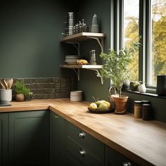 a kitchen with green walls and wooden counter tops, plants in pots on the window sill