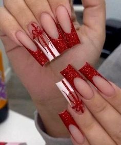 Christmas Nail Designs Acrylic, Paznokcie Hello Kitty, Red Nails Glitter, Red Christmas Nails, Christmas Nails Easy, Christmas Nails Acrylic, Long Square Acrylic Nails