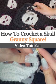 crocheted skull granny square with text overlay that says how to crochet a skull granny square