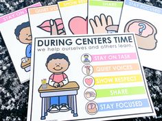 four posters showing different activities for children to do in the classroom, including writing and speaking