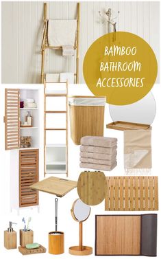 bamboo bathroom accessories including towels, soap dispenser, mirror and other items