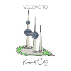 the welcome sign for kuwait city, with three balls on top of each other and an inscription