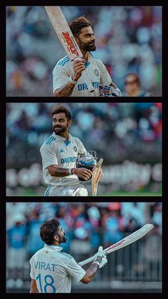 three different shots of the same man holding a cricket bat