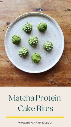 matcha protein cake bites on a white plate