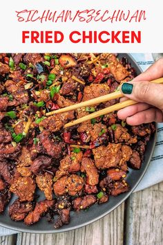 someone is holding chopsticks over fried chicken in a skillet with the title above it