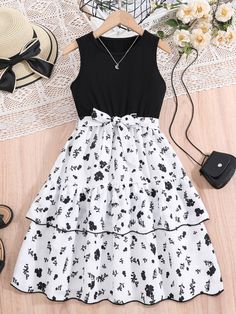 Tween Girl Ditsy Floral Print Two Layer Hem Dress Black and White   Sleeveless Fabric Ditsy Floral A Line Non-Stretch  Tween Girls Clothing, size features are:Bust: ,Length: ,Sleeve Length: Cute Dress Outfits, Easy Trendy Outfits, Really Cute Outfits, Trendy Dresses, Outfits Casuales, Girls Clothing, Kids' Dresses, Stylish Dresses, Lany