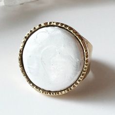 Full Moon Mother of Pearl 24K Gold Dipped Ring Elegant White Moon Shaped Ring, White Moon Phase Ring As A Gift, White Rings With Moon Phase For Gift, Elegant White Moon Phase Ring, White Moon Phase Wedding Rings, Elegant White Moon-shaped Ring, Handmade White Moon-shaped Ring, Yellow Gold Mother Of Pearl Round Jewelry, Classic White Mother Of Pearl Rings