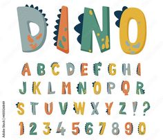 an alphabet with numbers and letters in the form of dinosaurs on a white background illustration