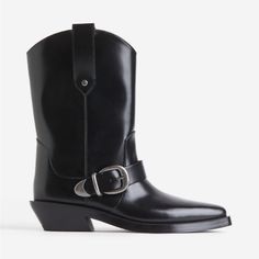 Calf-High Cowboy Boots With Pointed Toes, Side Loops At Leg Openings, And A Tab Around Ankle With A Metal Buckle. Cowboy Heels. Satin Lining. Heel Height 1 1/2 In. Black Western Mid-calf Boots For Workwear, Black Western Style Mid-calf Boots For Work, Black Western Style Mid-calf Work Boots, H&m Leather Winter Boots, H&m Casual Boots For Fall, Casual H&m Boots For Fall, H&m Casual Fall Boots, Casual Winter Boots By H&m, H&m Casual Winter Boots