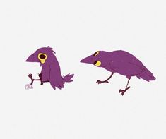 two purple birds standing next to each other on top of a white surface with yellow eyes