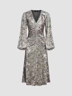 a women ' s dress with a floral print Clothing Details, Silver Dress, Maxi Dress With Sleeves, Lantern Sleeves, Mid Rise, Lanterns, V Neck, Velvet, Maxi Dress