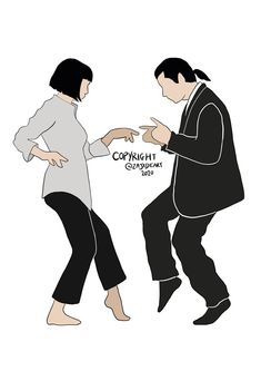 Pulp Fiction Embroidery, Pulp Fiction Tattoo Minimalist, Movie Scenes Drawing, Pulp Fiction Drawing, Mia Wallace And Vincent Vega, Pulp Fiction Tattoo, Tattoo Movie, Vincent Vega, Dancing Drawing