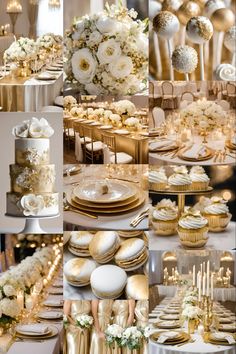 a collage of photos with white and gold decorations on them, including cake, cupcakes, flowers, candles, and other items