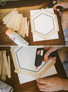 two pictures showing how to make popsicle art with wood sticks and glue on the table