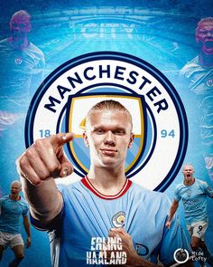 a man pointing at the camera in front of an image of manchester football team members