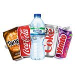 a group of sodas and soft drinks are arranged in a row on a white background