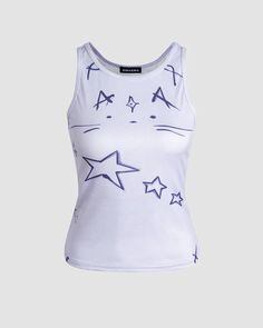 Starry Powered Distressed Tank Top – Baly Shop Fitted Sleeveless Top With Star Print, Vintage 90s Aesthetic, Distressed Tank Top, Cargo Pants Baggy, Summer Outfits Casual, Dresses Hoco, 90s Hip Hop Fashion, Pants Baggy, 90s Aesthetic