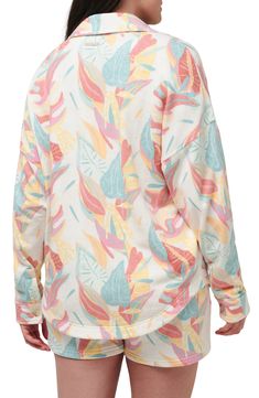 Tropical leaves in pastel hues punctuate a slouchy knit shirt made from soft modal-and-cotton jersey. Front button closure Spread collar Long sleeves with button cuffs Chest patch pockets Dropped shoulders Curved hem 65% modal, 33% cotton, 2% elastane Machine wash, tumble dry Made in Peru Multicolor Floral Print Tops For Loungewear, Casual Relaxed Fit Top With Leaf Print, Casual Leaf Print Relaxed Fit Top, Casual Leaf Print Relaxed Top, Casual Cream Tops With Floral Print, Casual Pastel Relaxed Fit Tops, Casual Cream Floral Print Top, Casual Multicolor Loungewear Blouse, Rose Leaf