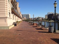 a row of benches sitting on the side of a street next to a body of water