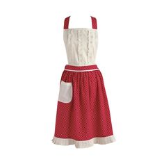 a red and white dress with polka dots on the bottom, an apron is attached to it