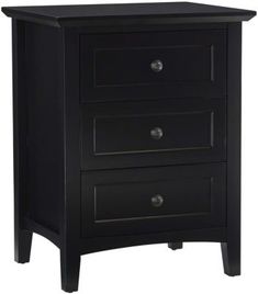 a black night stand with three drawers on one side and an open drawer on the other