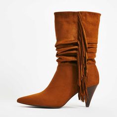 Step into style with our Vegan Suede Cone Heel Shoes. These Fringe Mid-Calf Slouch Boots in Brown feature a trendy design that effortlessly combines fashion and comfort. Color: brown Material: vegan suede Heel Type: cone heel Heel height: 2.76 inches/ 7 cm Toe: pointed toe Fringe embellishment Handcrafted US sizing. Fits true to size. Brown Pointed Toe Mid-calf Boots For Fall, Fall Brown Pointed Toe Mid-calf Boots, Brown Flat Heel Mid-calf Boots For Fall, Brown Mid-calf Boots With Flat Heel For Fall, Brown Mid-calf Boots For Winter Party, Brown Pointed Toe Heeled Boots For Winter, Brown Pointed Toe Heels For Winter, Brown Suede Pointed Toe Mid-calf Boots, Brown Pointed Toe Suede Mid-calf Boots