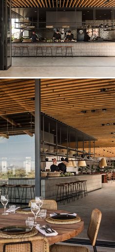 the inside and outside of a restaurant with wooden tables