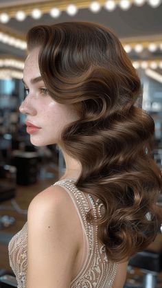 Hey ladies, are you ready for Homecoming? Don't forget about your hair! Check out these gorgeous Hoco hairstyles for some inspo. #HocoHair #HomecomingHairstyles #Glam #HairGoals #PartyReady 💁‍♀️✨ Hollywood Inspired Hairstyles, Hollywood Waves Pinned Back, Hair Styles Grad, Hairstyle Inspo For Prom, Hairstyles For A Ball Gown, Wedding Hair Elegant Down, Waves Hairstyle Women, Classic Glam Wedding Hair, Old Style Curls