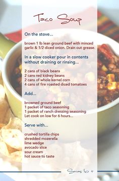 a recipe for taco soup in a bowl