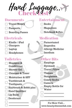 the hand luggage checklist is shown in pink