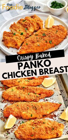 crispy baked panko chicken breast on a baking sheet with lemon wedges