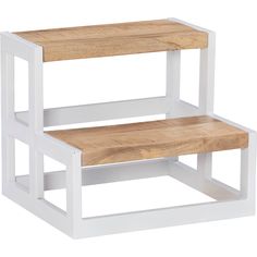 a white and wood step stool with two steps on each side, one in the shape of a rectangle