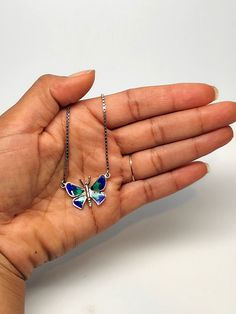 Silver Enamel Jewelry With Adjustable Chain, Blue Box Chain Necklace As A Gift, Blue Box Chain Necklace For Gift, Blue Box Chain Jewelry Gift, Blue Green Butterfly, Pendant Choker, Durham Nc, Green Butterfly, Neck Jewellery