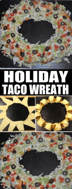 a wreath made out of paper with the words holiday taco wreath on it