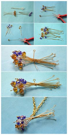 four pictures showing different ways to make flower hair pins with wire and crystal beads on them