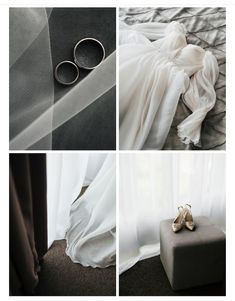 four different shots of shoes and clothes on a bed with sheer curtains in the background