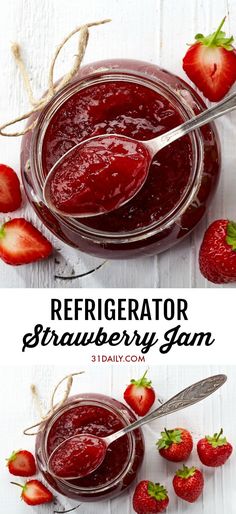 strawberry jam in a jar with spoons and strawberries