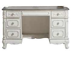 an antique white desk with drawers and marble top, on display against a white background