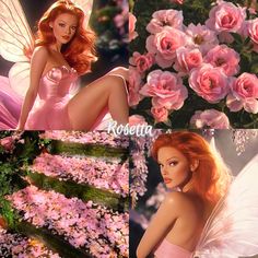 a collage of photos with pink flowers and a fairy