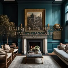 an elegant living room with blue walls and gold trimmings is featured in the magazine luxury french rooms