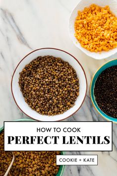 three bowls filled with lentils on top of a white marble countertop next to two blue and green bowls full of lentils